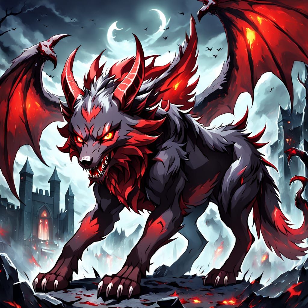 Cyberpunk-Style Red Demon Wolf Guards Hell's Gate