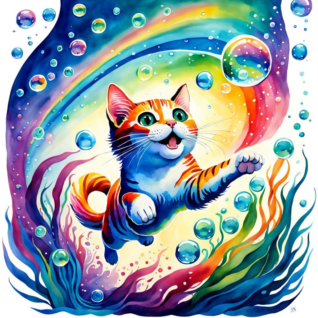 Whimsical Underwater Watercolor of a Leaping Cat