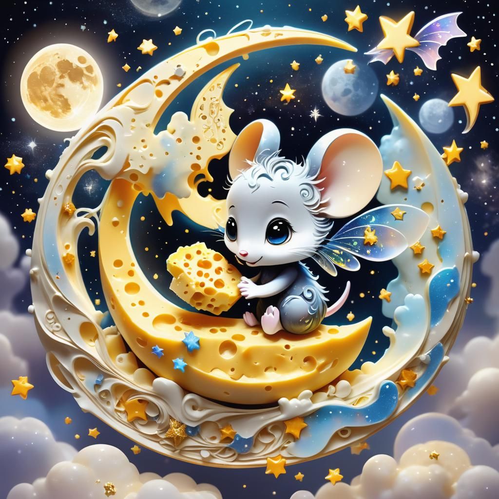 Chibi Mouse on a Cheese Moon with Magic