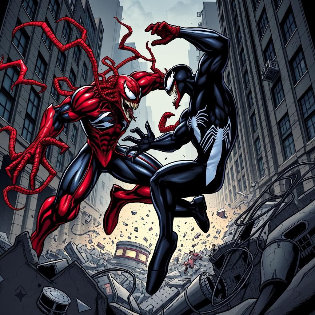 Carnage Charges as Venom Recoils in Comic Book Art