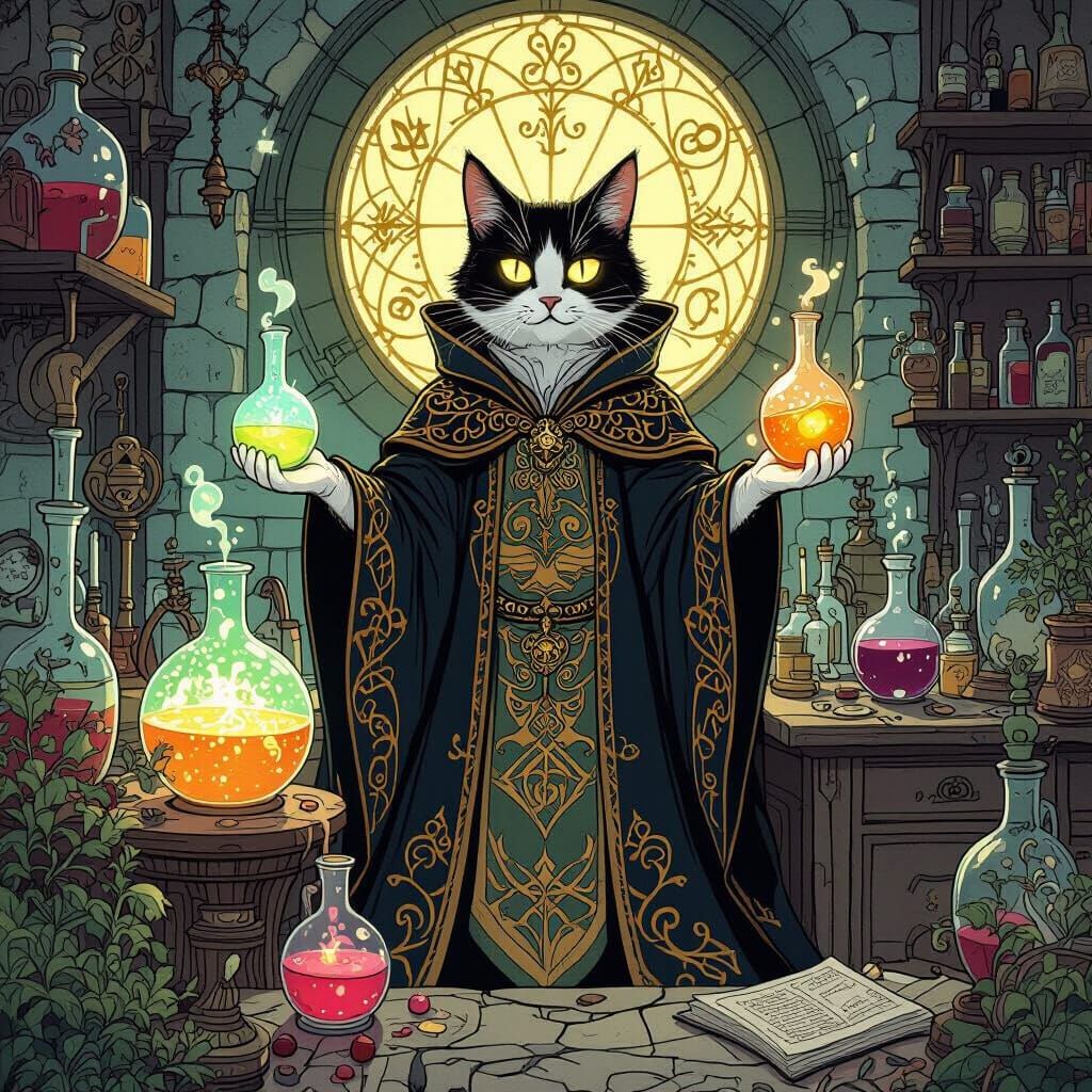 Cat Alchemist in Laboratory, Art Nouveau Style