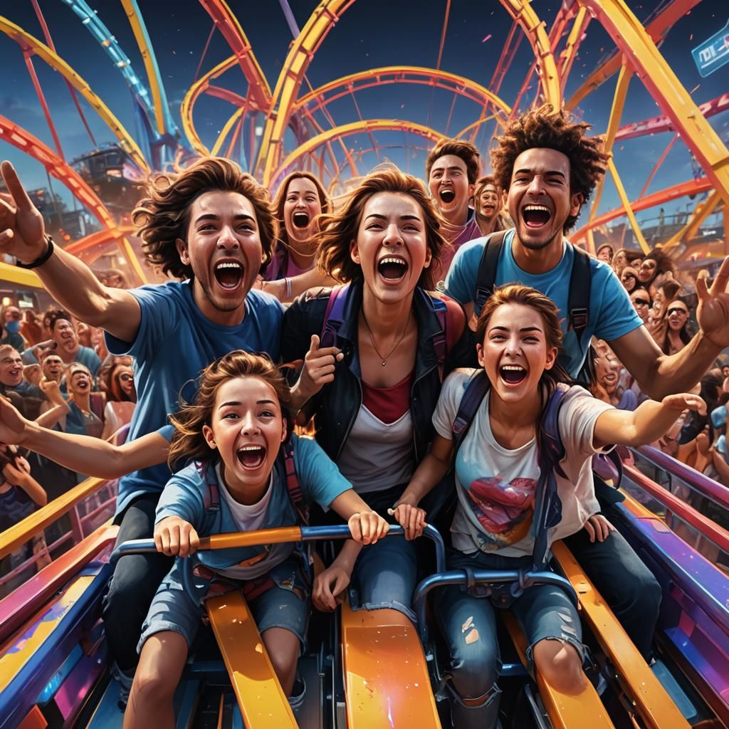 Friends on a Roller Coaster in Vivid Digital Art