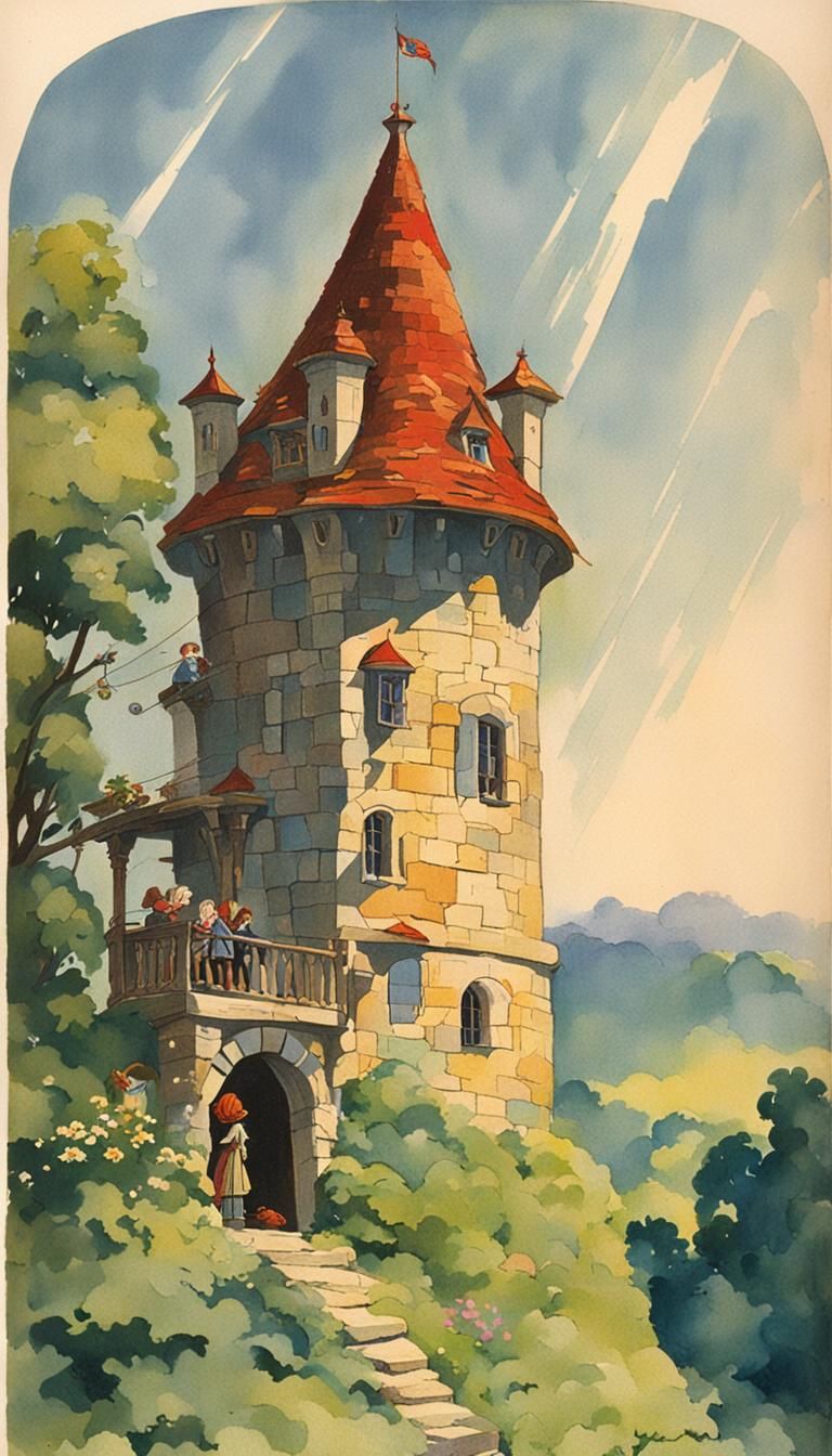 1920s children's book, low angle exterior view of a fairytal...