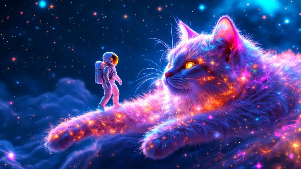 Astronaut Explores Cosmic Cat Landscape in Surreal Art