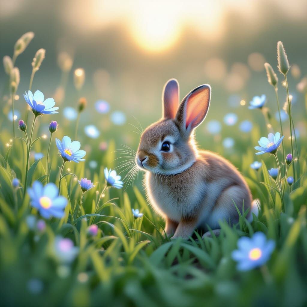 Enchanted Meadow Sunrise With Curious Rabbit and Magical Cre...