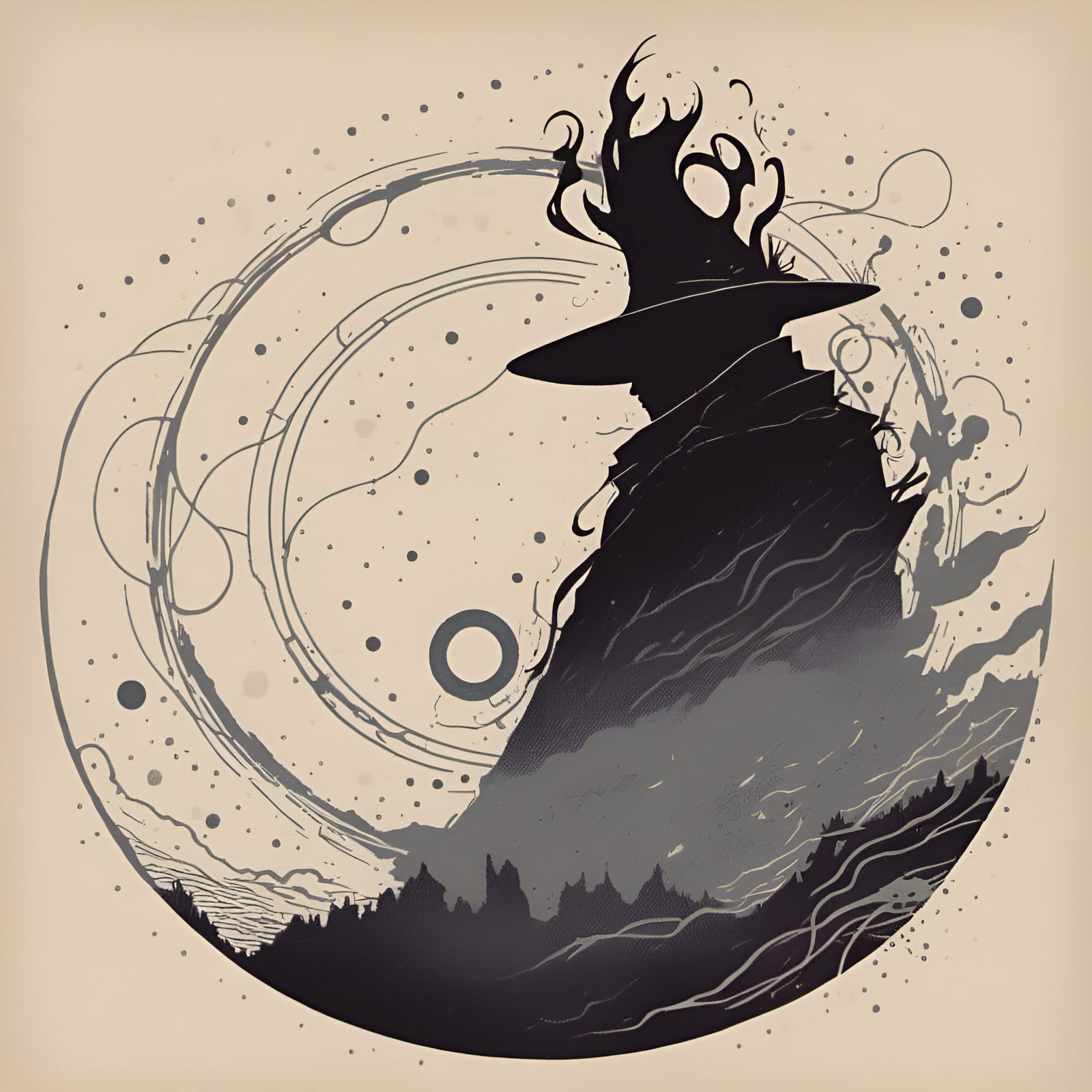 Grey Wizard Silhouette with Ink Halo