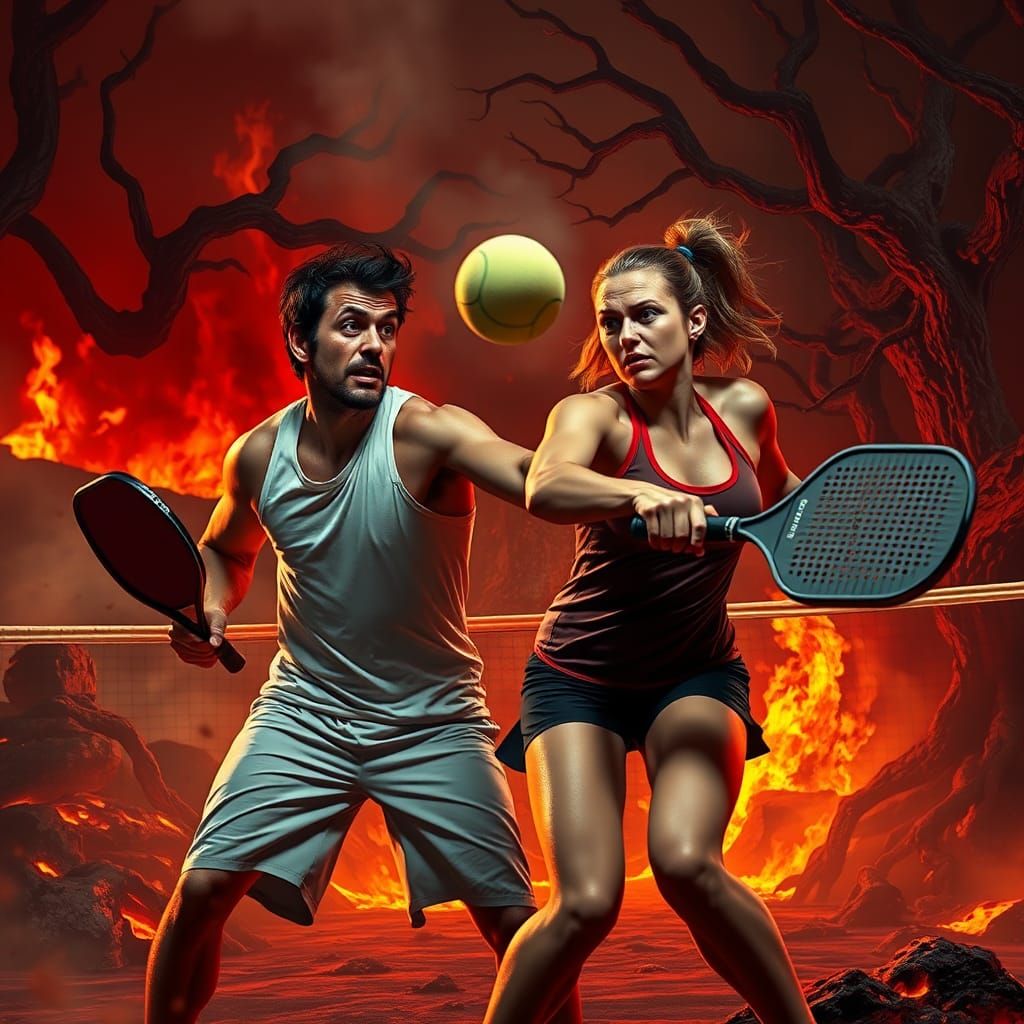 Infernal Pickleball Match in a Hellscape