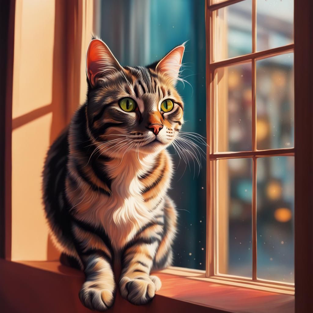 Hyperrealistic Cat in Window: Splash Art Concept