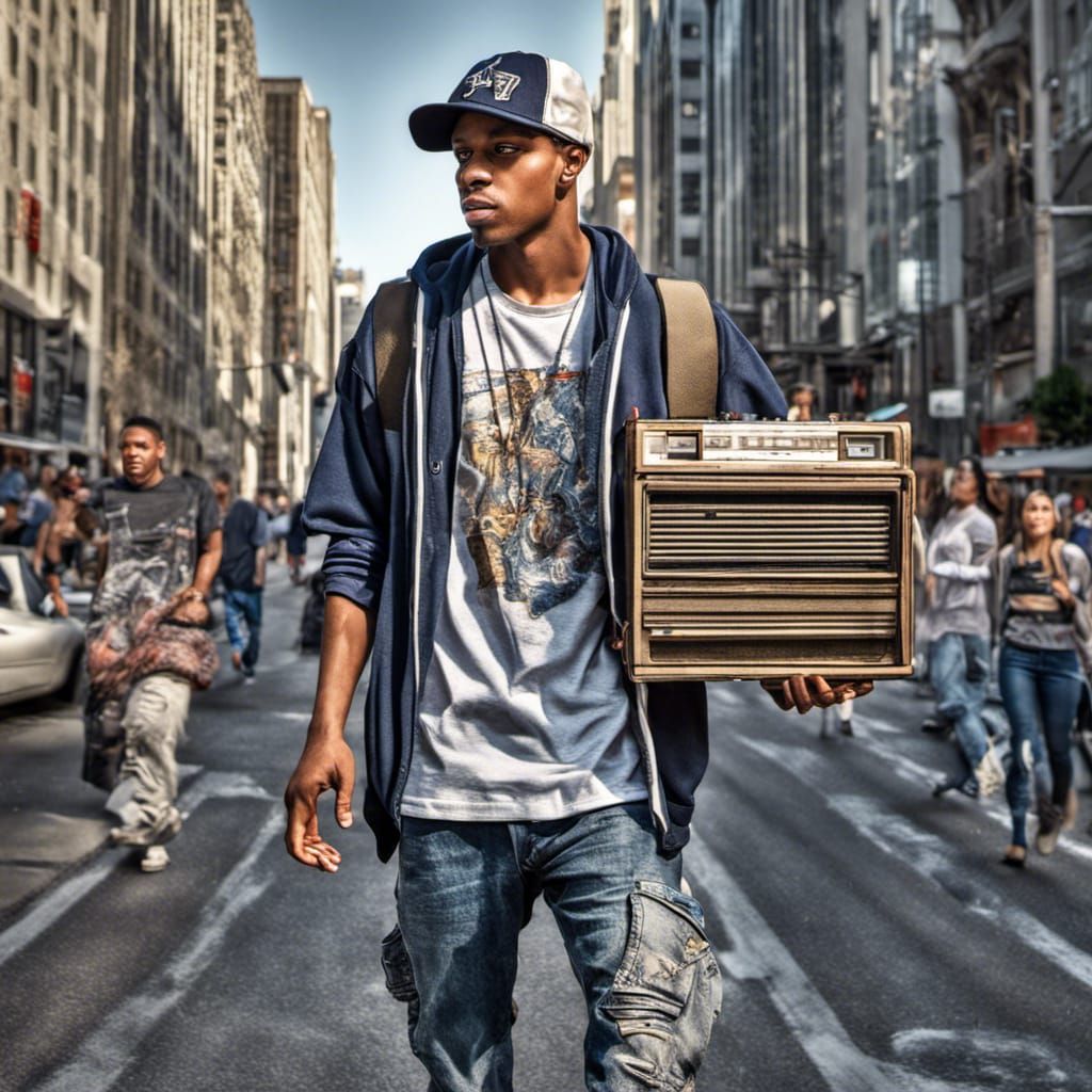 Young Man with Boombox in Hyperrealistic Cityscape
