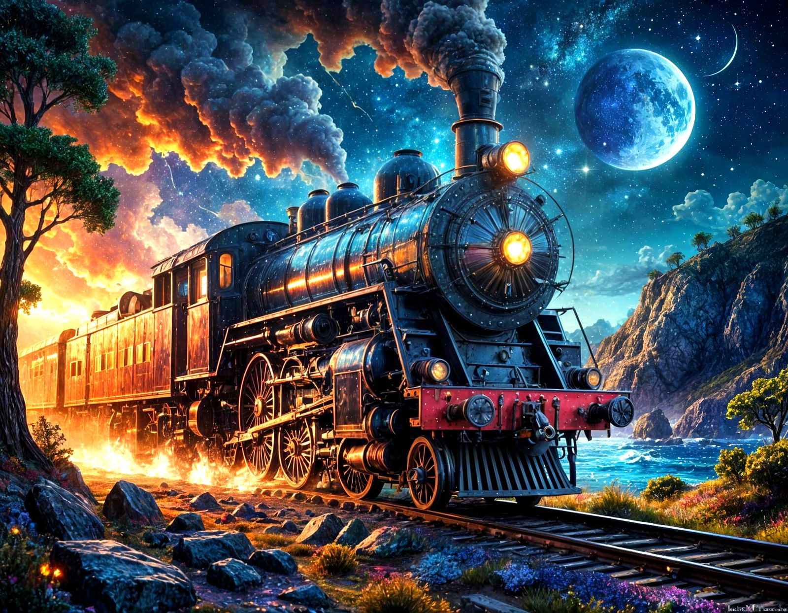 Epic Fantasy Train Chugs Through Moonlit Coastal Landscape i...