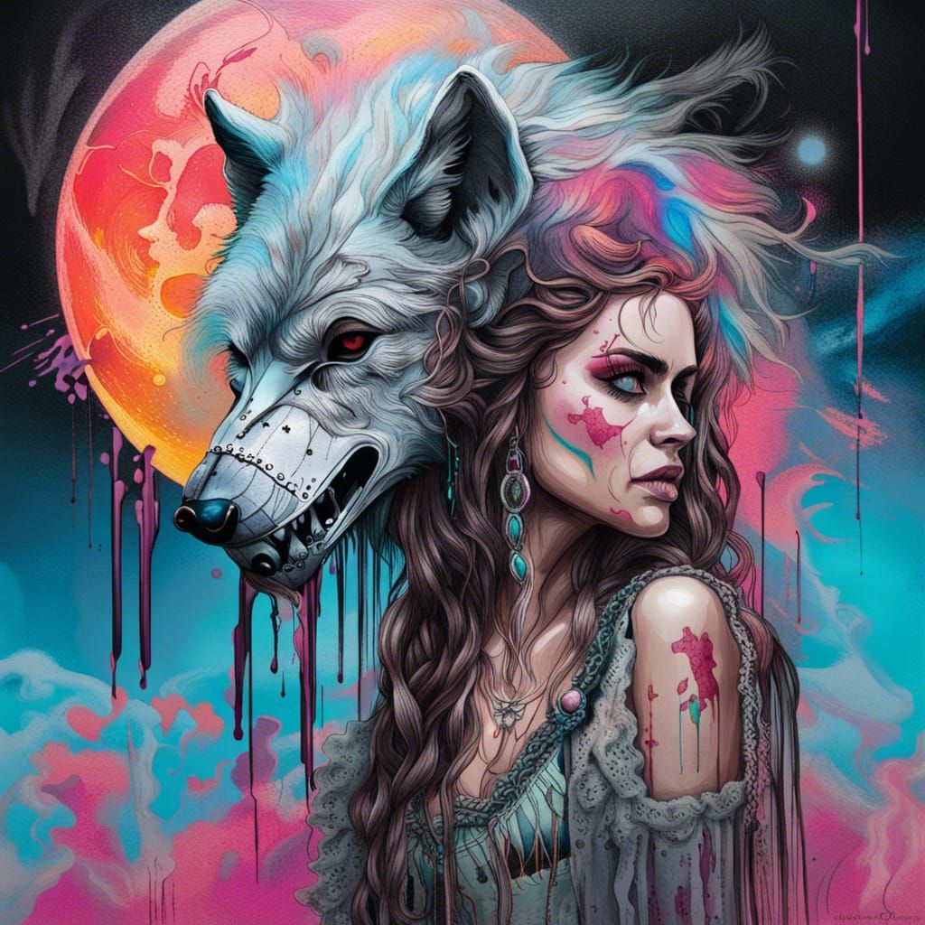 Woman and Wolf, Lace surrounding a human skull,Gothic
