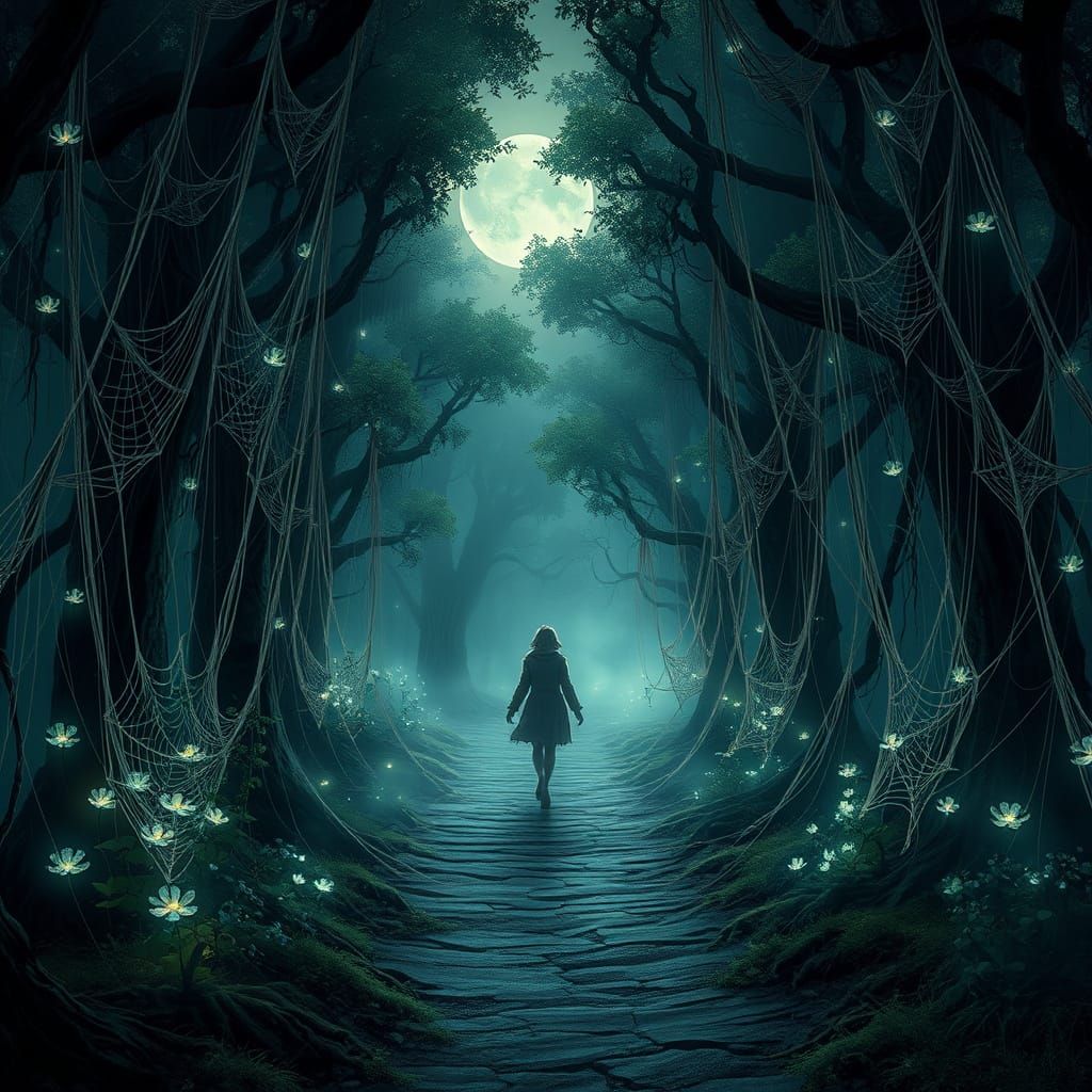 Mystical Forest Path with Cobweb Garlands in Ethereal Light