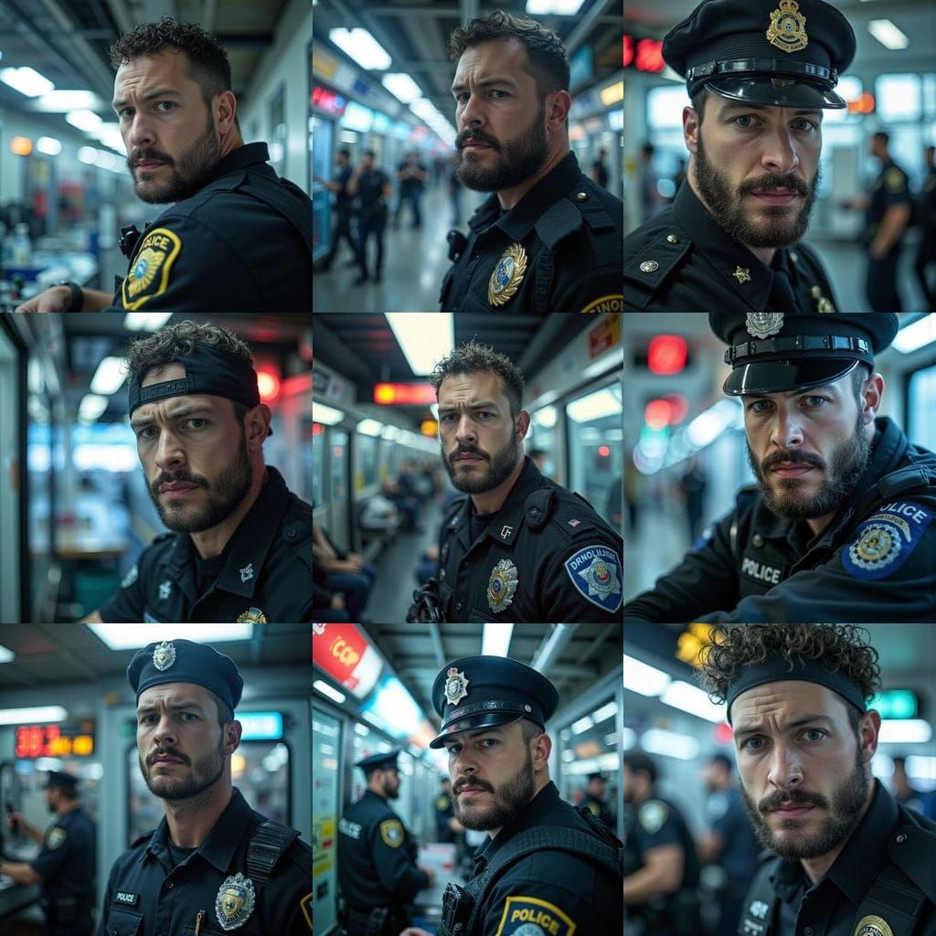 Cinematic Police Officer Portrait in Neon-Lit Station