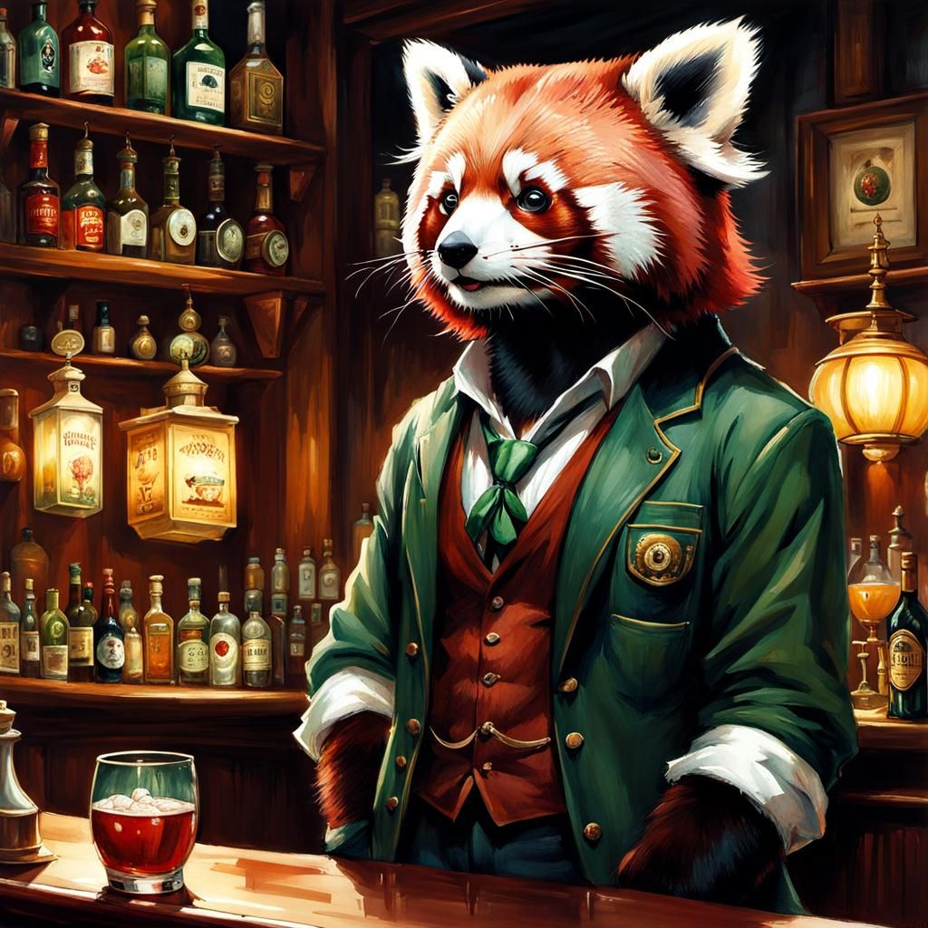 Red Panda Bartender in Irish Pub, Watercolor Style