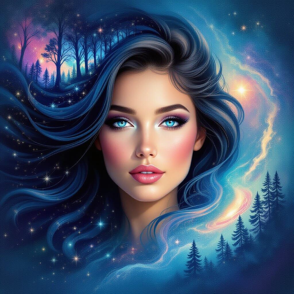 Woman with Galaxy Hair Surreal Portrait