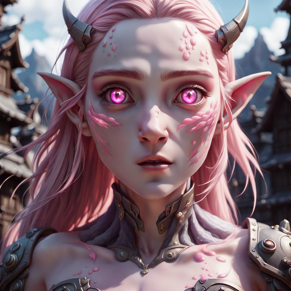 Anime-Inspired Half-Orc Giant with Pink Eyes