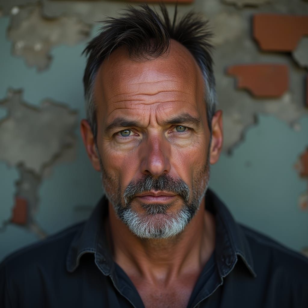 Stern Portrait of Man Against Broken Wall