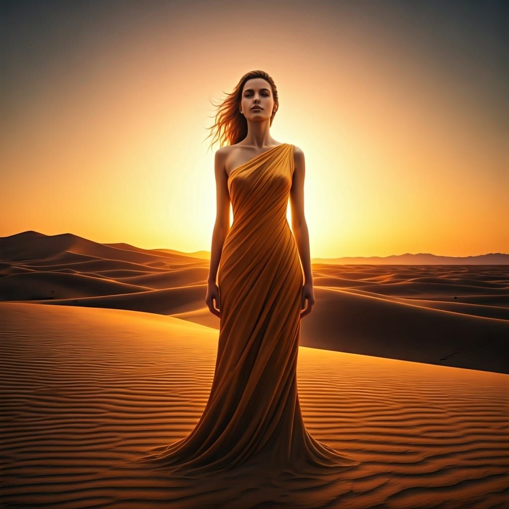Desert Woman in Golden Sunrise Light