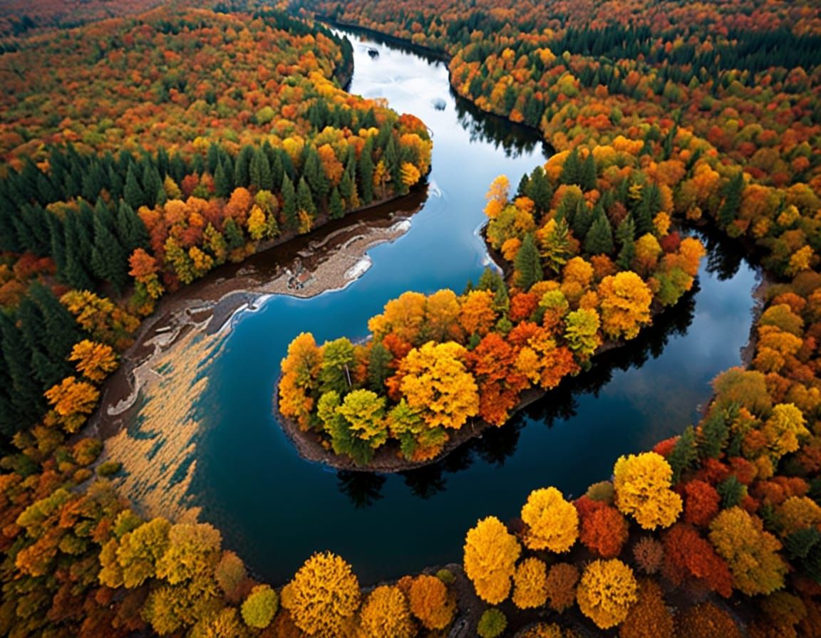 Aerial Drone Photo: Winding River Through Autumn Forest