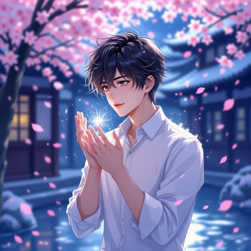 Frost Whisper: Anime Art in Moonlit Courtyard