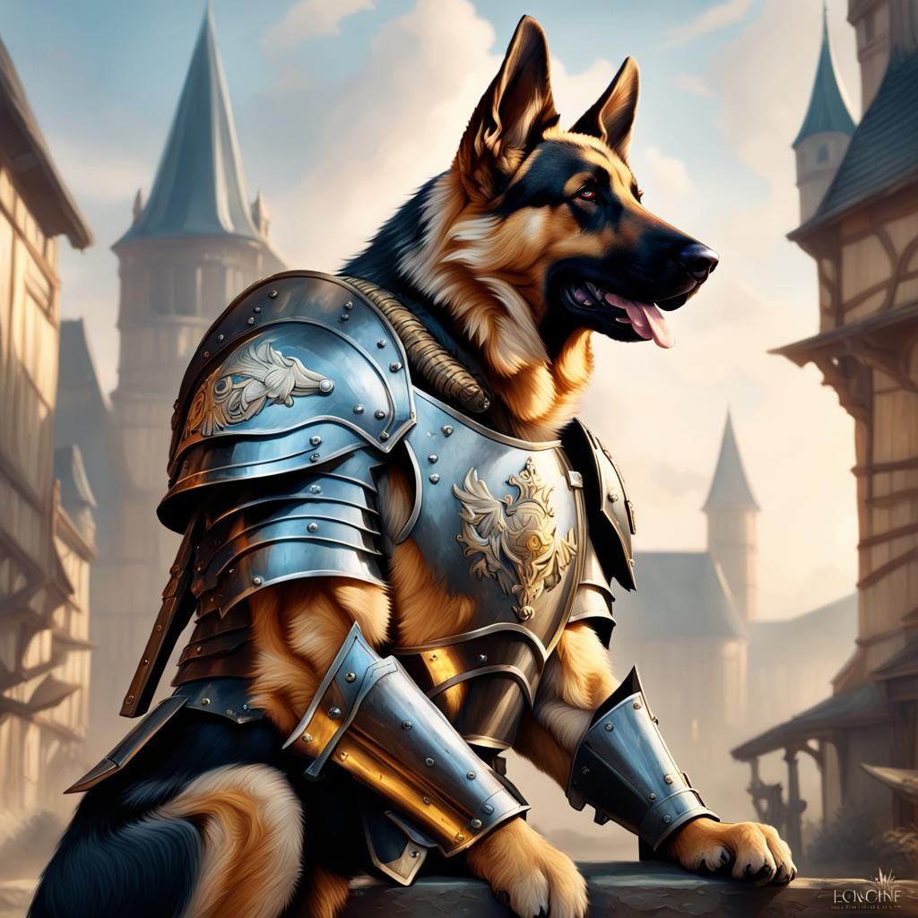 Armored German Shepherd Paladin in Detailed Fantasy Art