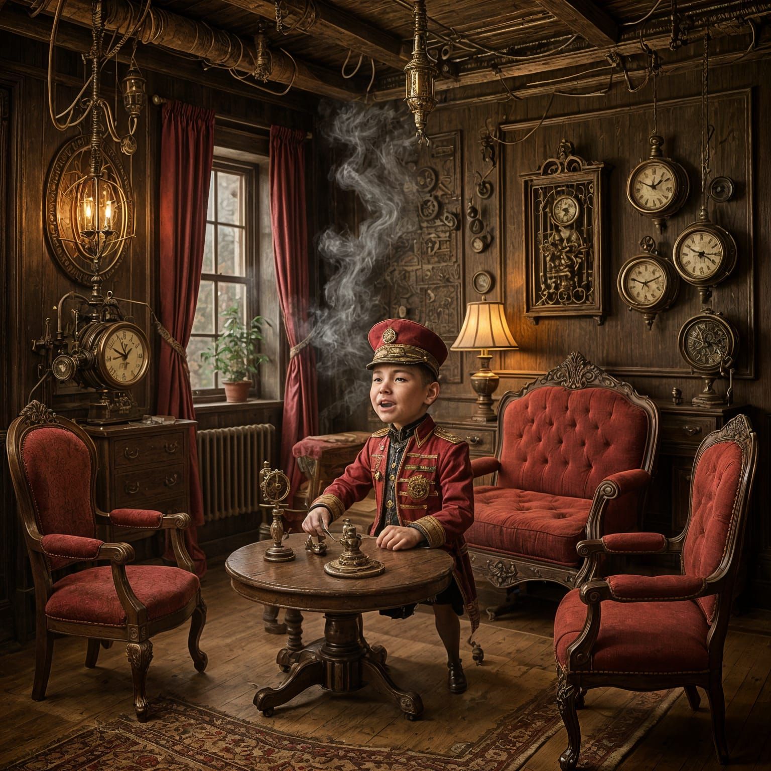 Steampunk Living Room with Mechanical Cavalry Puppet