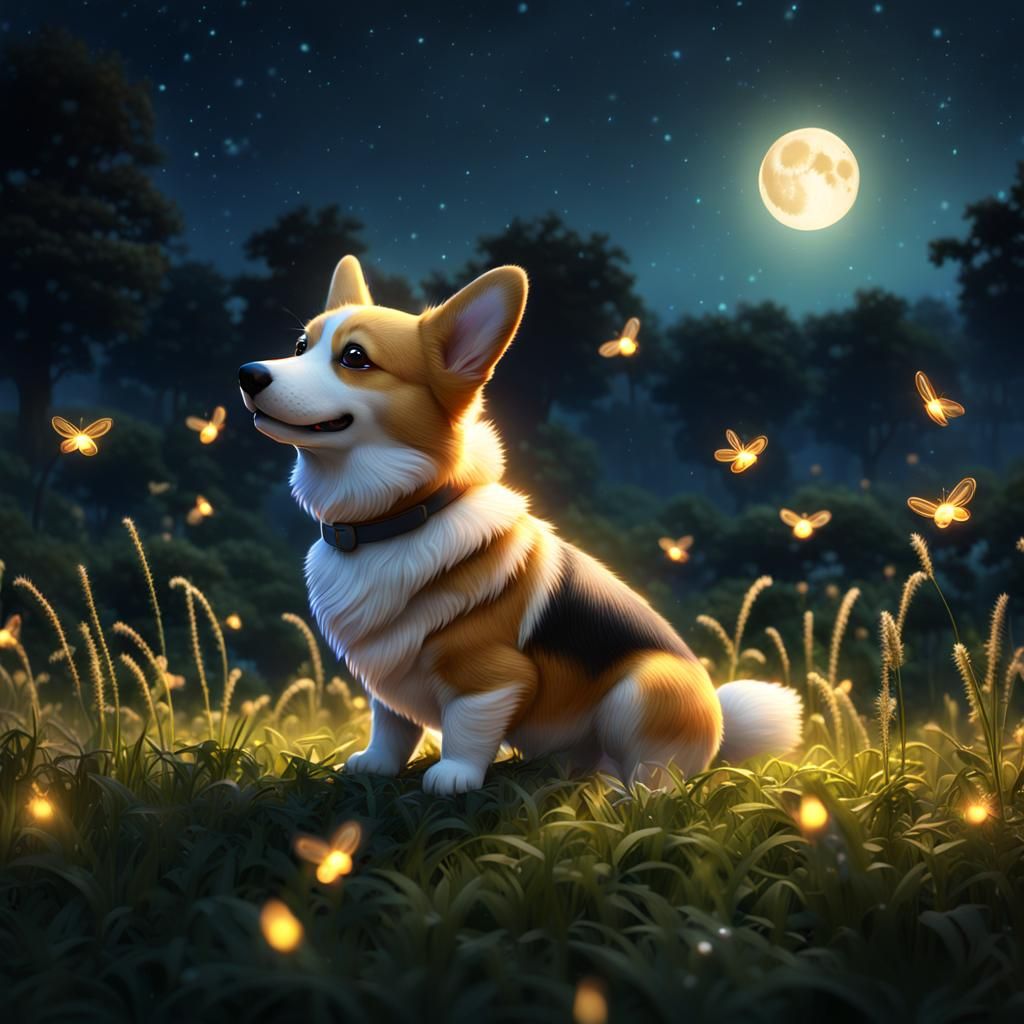 Corgi and Fireflies in Moonlit Field