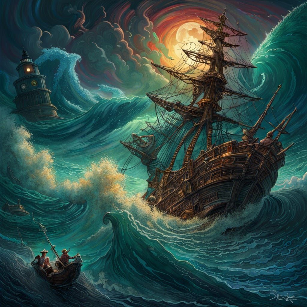 Pirate Ship Crashing Lighthouse in Cosmicpunk Style