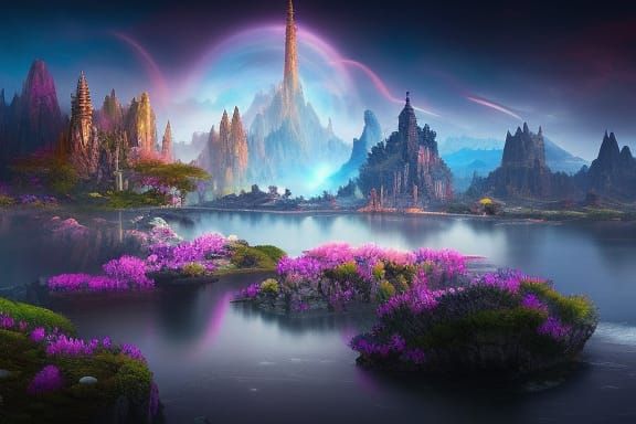 Iridescent Fantasy Landscape Under Cosmic Night Sky