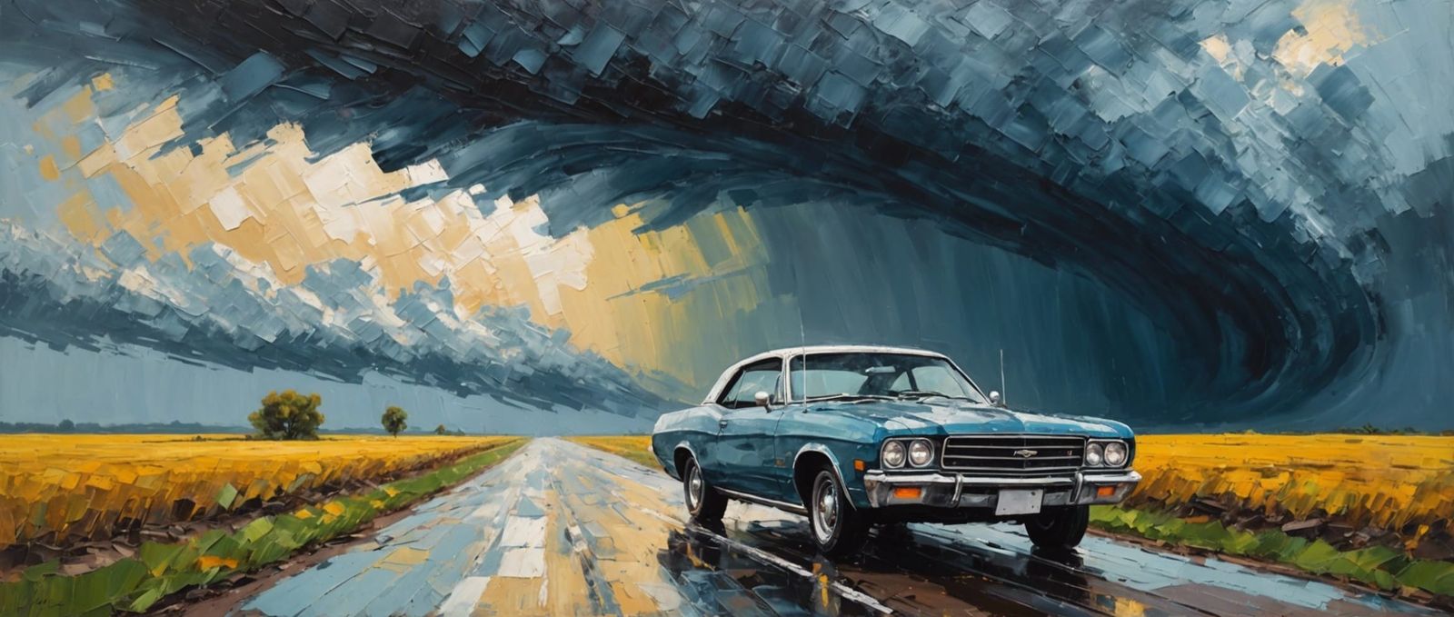 Impasto painting of a lone car on a smooth paved road, a powerful tornado darkens the distant horizon, abstract...