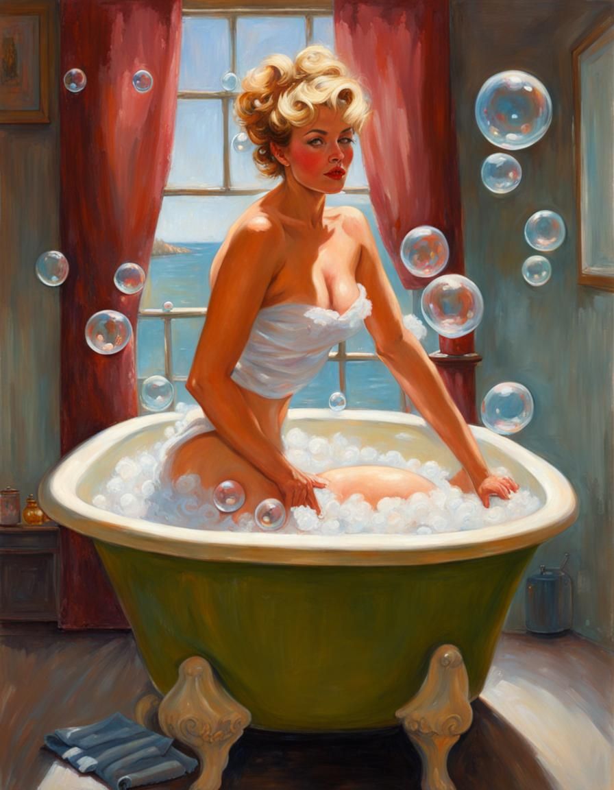 Vintage Pinup Woman in Bath, Oil Painting Style