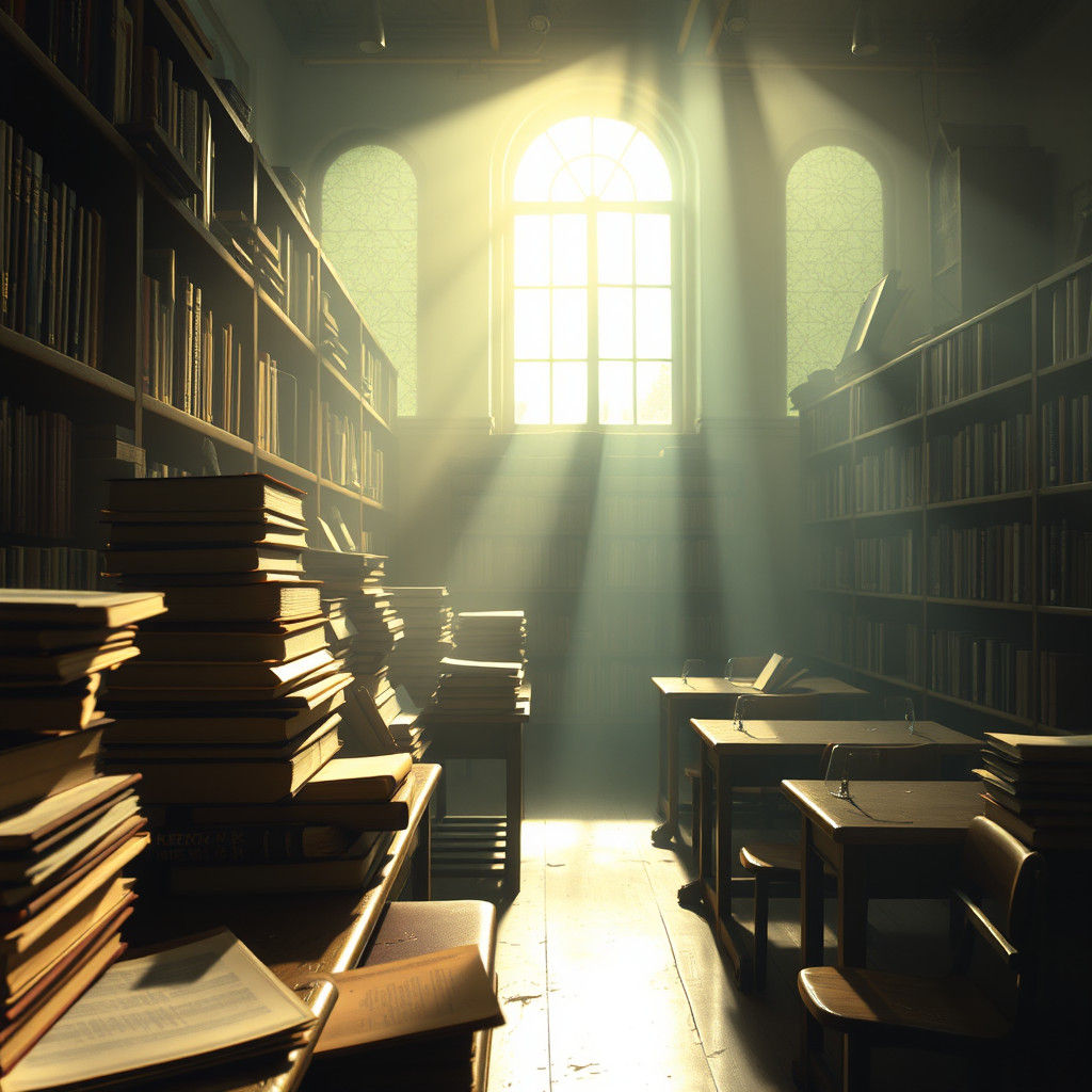 Eerie School Library in Morning Light, Gothic Realism