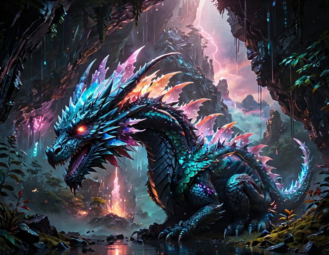 Cyberpunk Crystal Dragon in Vibrant Neon Hues
