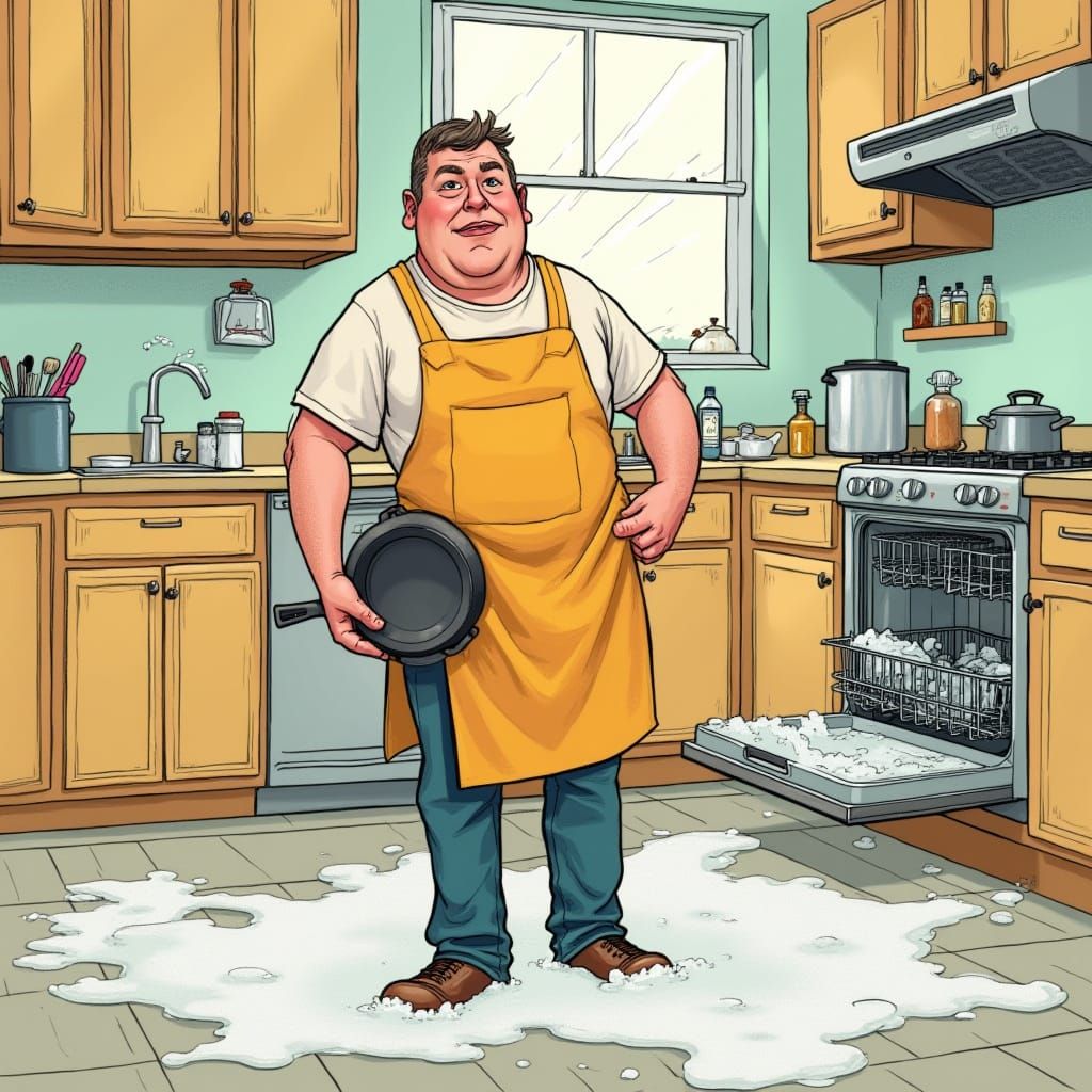 Humorous Illustration: Cast Iron Skillet Dishwasher Disaster