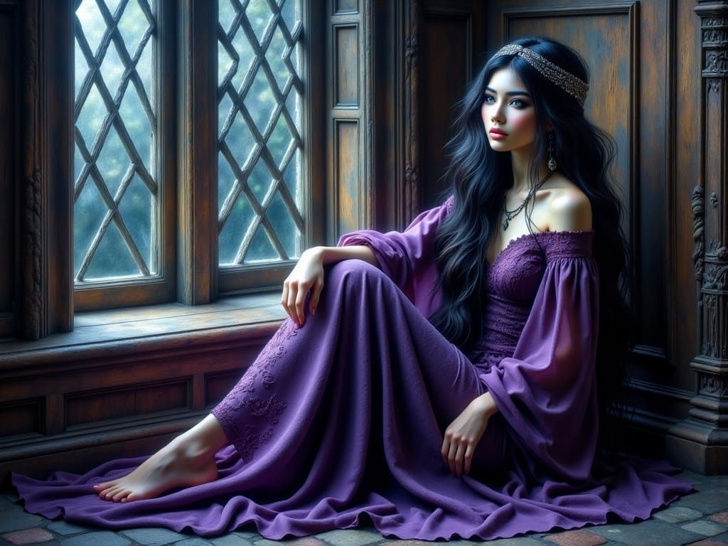 Ethereal Elf Maiden in Midnight Purple Gown