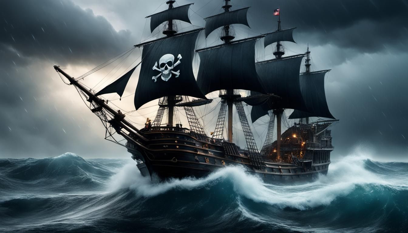 Pirate Ship in Stormy Seas: Hyperrealistic Detail