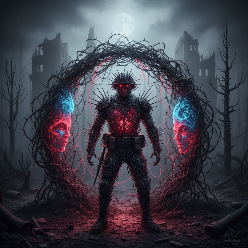 Barbed Wire Soldier in Thorny Maze: Wire Art