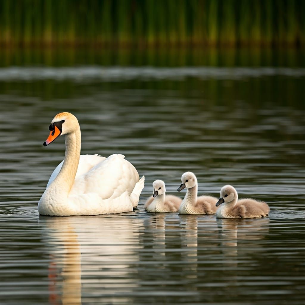 Swan Family at Sunrise: An Impressionistic Scene