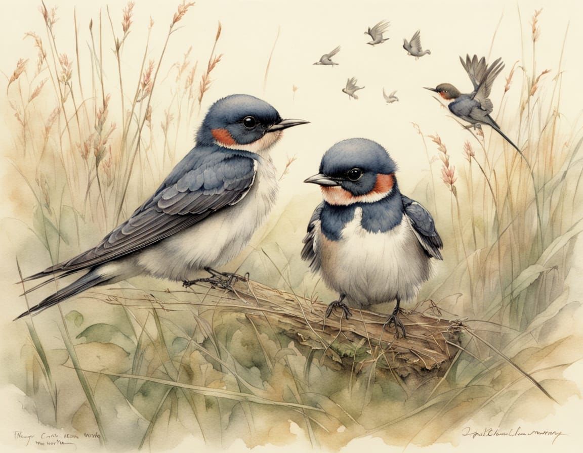 Cute Swallows in Morning Field Pencil Sketch
