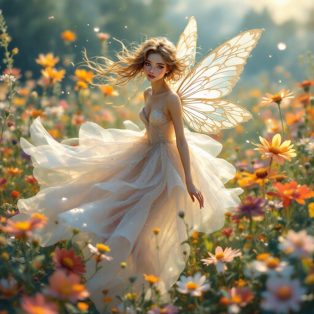 Ethereal Fairy Over Wildflower Meadow in Whimsical Style