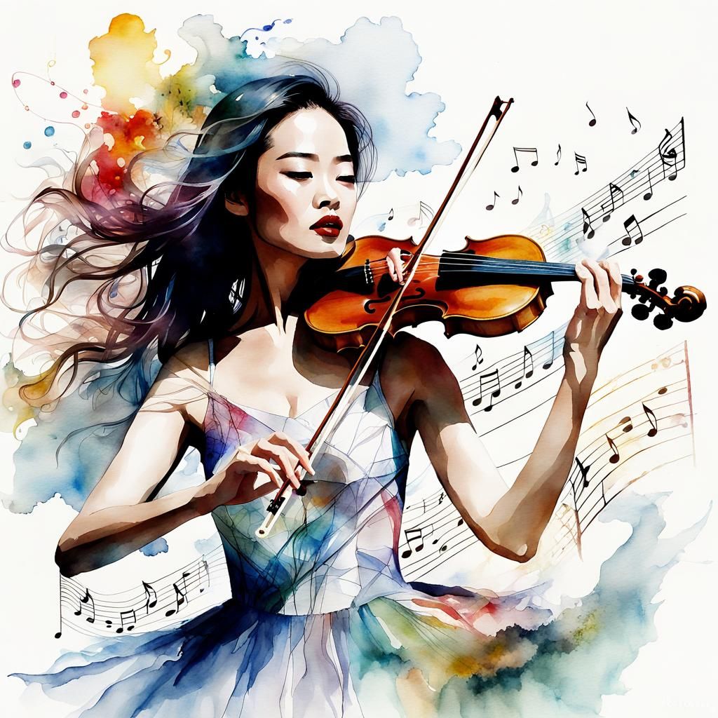 Geometric Watercolor of Shu Qi Playing Violin
