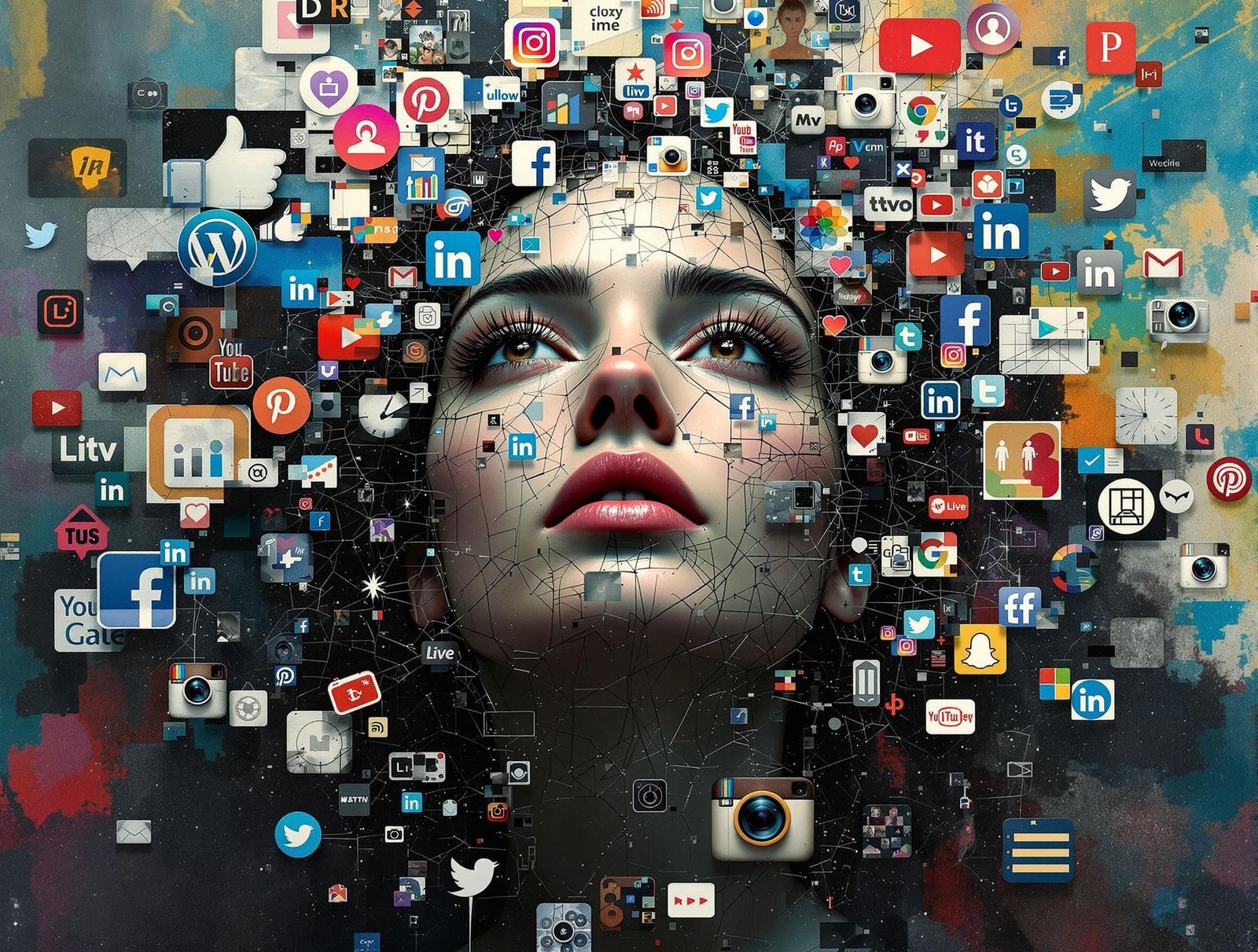 Surreal Woman in Void, Surrounded by Merging Social Media