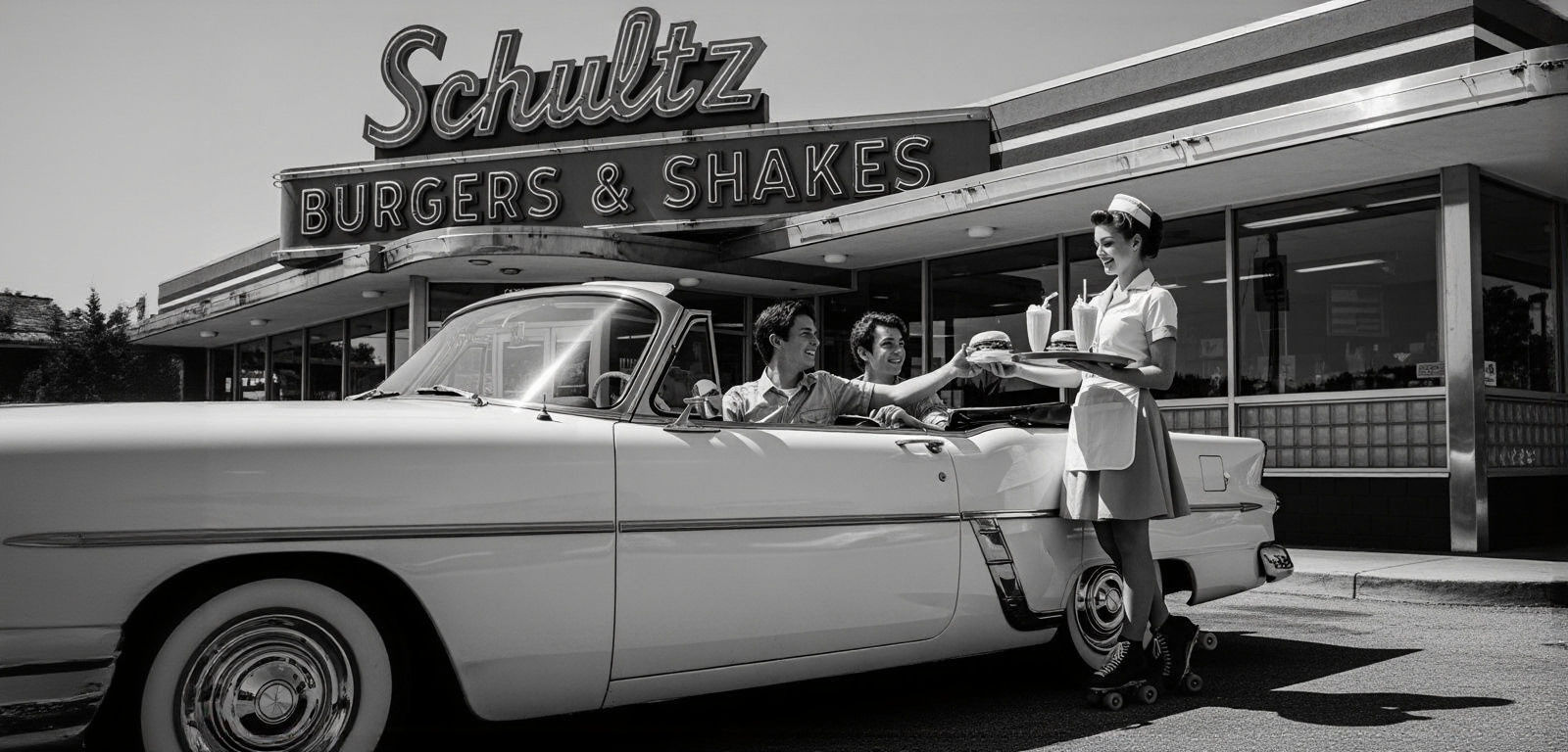 1950s Teenagers at Vintage Diner in Black and White