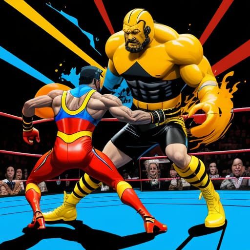 Muscular Hound Dog Wrestler in Vibrant Expressionist Scene