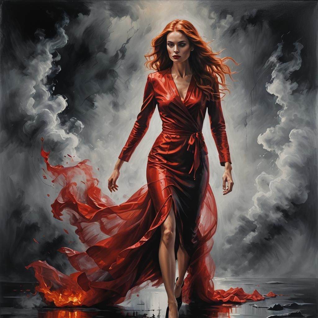 Woman in Red Dress: Hyper-Realistic Oil Painting