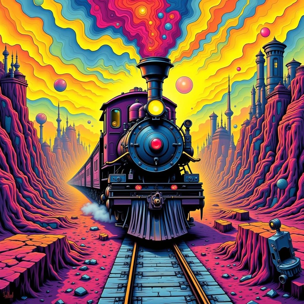 Locomotive in a Dreamlike Futuristic Landscape