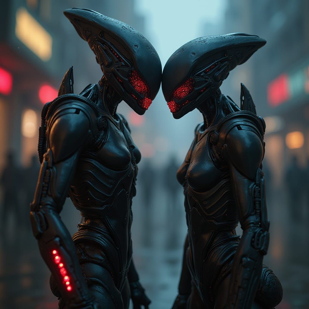 Cyberpunk Alien Robots in Dark Horror Neon Style