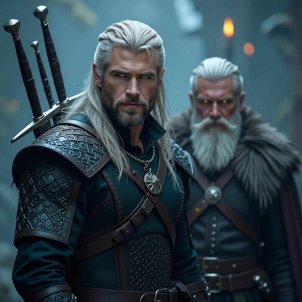 Geralt and Vesemir in Mystical Dark Fantasy Style