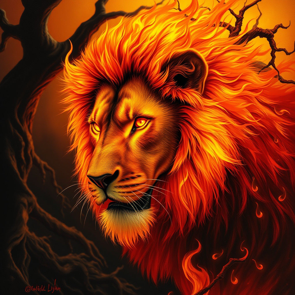 Flaming Lion in Hellish Landscape, Surreal Fantasy Art