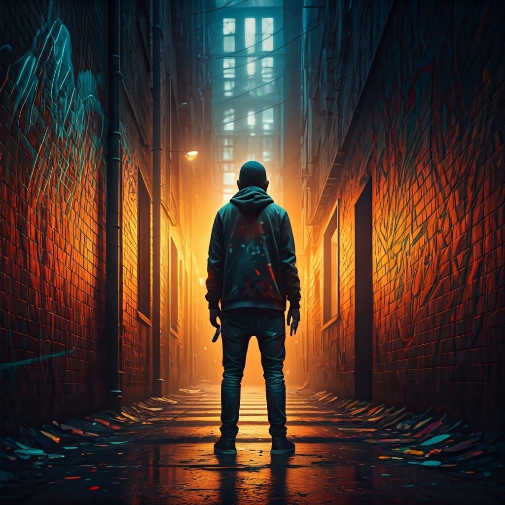 Hyperrealistic Graffiti Artist in Dimly Lit Alleyway